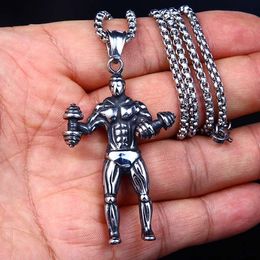 Stainless steel bodybuilder necklace ancient silver man dumbbell pendant necklaces with chain hip hop jewelry will and sandy