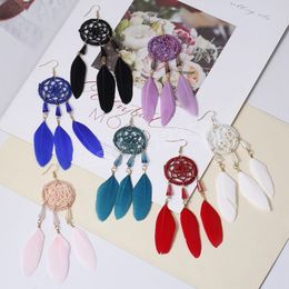 Boho Dreamcatcher Feather Tassel Earrings Women Handmade Hollow Round Earring Vintage Geometric Long Dangle Earrings Gift