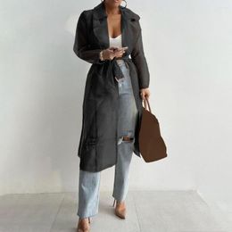 Women's Trench Coats Lapel Shirt Coat Net Yarn Beach See Through Women Spring Summer Outdoor Top Lace-up Long For Daily Wear Jacket