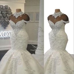 2023 Mermaid Wedding Dresses Custom Luxury Arabic Off the Shoulder High Neck Lace Appliques Crystal Beading Wedding Dress Plus Size Formal Bridal Gowns