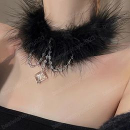 Winter Sexy Faux Fur Crystal Geometric Pendant Choker Necklace For Women Gothic Collar Necklaces Grunge Party Jewelry