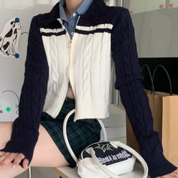 Women's Knits Tees Korean Fashion Zipper Knitted Cardigan Mujer Black and White Patchwork Polo Collar Cardigans Preppy Style Sweater Drop 221128