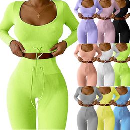 Slim Women Sport Pants Suit Round Collar Solid Colour Elastic Adjustable Drawstring High Waist Autumn Winter Ladies