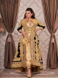 2022 Gotik Geleneksel Gece Elbise Kosova Arnavut Kaftan Siyah Uzun Kollu Altın Aplike Arapça Kadınlar İçin Boy Balo Elbisesi Vestido de