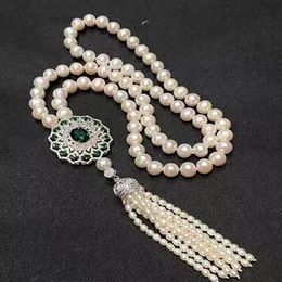 Noble jewelry 8-9mm Freshwater white pearl necklace green Crystal pendant 25"