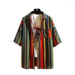 Men's Casual Shirts Stripe Bohemian Hawaiian Shirt Men 5XL Japanese Cotton Short Sleeve Beach Summer Fashion Hip Hop Blouses Male 2022