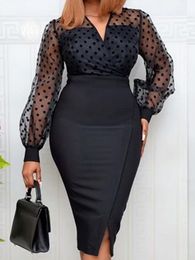 Party Dresses African Women Sheer Long Sleeves Polka Dot Bodycon Dress Office Ladies Slim See Through Vestido Occassion Event Celebrate 221128