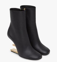 Famous Winter First Women Ankle Boots Nude Black Nappa Leather F-shaped Heels Rounded Toe Boot Gold-colored Metal Lady Booties EU35-43 Box