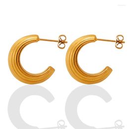 Stud Earrings 2022 INS Stainless Steel Striped C- Shaped For Girls Gold Plated Metal Engraved Texture Daily Hoops Waterproof