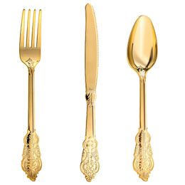 Disposable Dinnerware 75pcs Rose Gold Plastic Silverware Flatware Set Heavyweight Cutlery Including 25 Knives 25 Forks 25 Spoons 221128