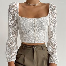 Women's T Shirts Women Sexy Lace Floral Bandage Short Sleeve Tops Up Corset Top Cropped Lantern Tee Solid Crop Party Clubwear