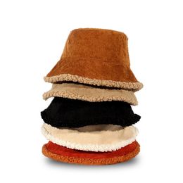 Wide Brim Hats Bucket Winter Women Warming Panama Lady Fluffy Corduroy Double-Side Wear Outdoor Fisherman Cap for Size Plus 221125