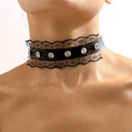Black Lace Short Choker Necklace Women Vintage Rhinestone Adjustable Clavicle Chain Aesthetic Festival Jewelry