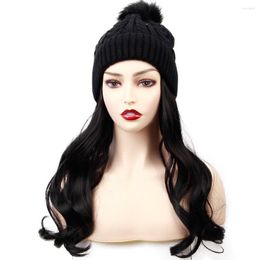 Berets 22" Synthetic Curly Knit Skiing Winter Hats Hair Wig Beanie Attached Hat For Girl Hang Out Natural Cotton Made