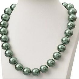 14mm Dark Green Shell Pearl Round Beads Necklace 18Inch AAA