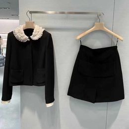 Two Piece Dress Autumn and winter 2022 temperament lace baby collar suit coat diamond inlaid black fashion suit