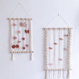 Tapestries Wood Stick Wall Hanging Display Rack Nordic Boho Macrame Hair Bow Clips Holder Woven Tassel Hairpins Headband Organiser