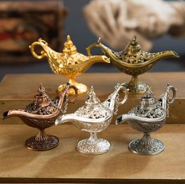 Excellent Fairy Tale Aladdin Magic Lamp Incense Burner Vintage Retro Tea Pot Genie Lamp Aroma Stone Home Ornament Metal Craft SN354