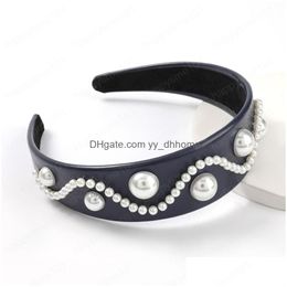 Headbands Fashion Simple Pure Color Artificial Leather Headbands Women Elegant Imitation Pearl Headband Girl Party Jewelry Headdress Dhwn9