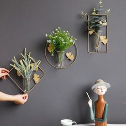 Vases Wallmounted Vase Home Decor Hanging Flower Vase Wall Decor Hydroponic Planters Living Room Decoration Modern with Iron Frame 221126