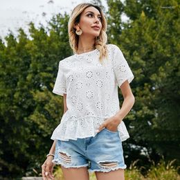 Women's T Shirts O-Neck Summer Lace T-Shirt Hook Flower Hollow Out Ruffle Casual White Tops Women Short Sleeve Tees Cottagecore Aesthetic