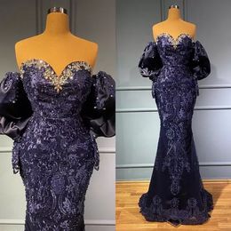 2022 Plus Size Arabic Aso Ebi Luxurious Lace Beaded Prom Dresses Memraid Sexy Navy Blue Evening Formal Party Second Reception Gowns Dress wly935