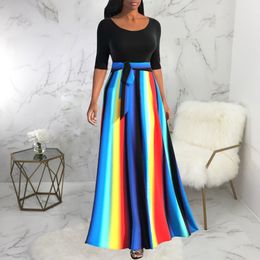 Casual Dresses Banquet Elegant Abstract Printing Aline Skirt Robe Femme Autumn Round Neck Contrasting Colors Sashes Half Sleeve Maxi Dress 221126
