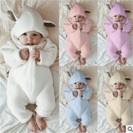 Childrens clothes solid color warm rabbit ears lovely hooded long sleeve outdoor bodysuit climbing 230322