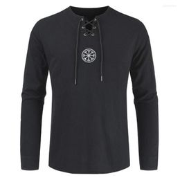 Men's Casual Shirts 2022 Unique Design Vintage Style Men Plus Size Ancient Viking Embroidery Lace Up V Neck Long Sleeve T-Shirt Top Trendy