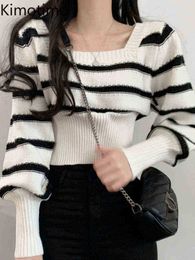 Women's Sweaters Kimotimo Puff pastry Sleeve Striped Cropped Sweater Women 2022 Autumn Square Collar Waist Sweater French Fashion Temperament Sweaters J220915