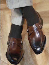 2022 Gentlemen Wedding Dress Shoes Monk Strap British Style Driving Loafers Handmade Oxfords Genuine Leather