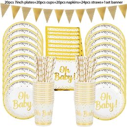 Disposable Dinnerware 85pcs Oh Baby Gold Dot Tableware Set Boy Girl Shower Favours Plates Cups Gender Reveal Kids Birthday Party Decor 221128