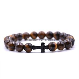 Beaded 8Mm Lava Stone Turquoise Bracelet Bangles Cross Natural Energy Yoga Beaded Drop Delivery Jewellery Bracelets Dh1Dx