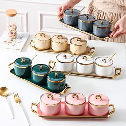 Storage Bottles Nordic Ceramic Seasoning Pot Dark Green Gold Pattern Kitchen Box Table Decoration Glass Jars And Lids