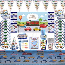 Disposable Dinnerware Christmas Cartoon Car Party Plate Napkins Tablecloth Cup Construction Vehicle Birthday Supplies Tableware Set 221128