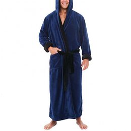 Men's Sleepwear Men Soft Coral Fleece Colour Block Pockets Long Bath Robe Home Gown 5XL 221124