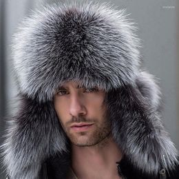 Berets Russian Leather Bomber Hat Men Winter Hats With Earmuffs Trapper Earflap Cap Man Real Raccoon Fur Black Hatska