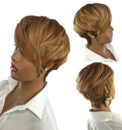 Honey Blonde Couleur courte Bob ondul￩ Bob Pixie Coup Wig Machine Full Making Fabriqu￩ les perruques de cheveux humains non en dente