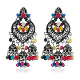 Boho Vintage Heart Shape Dangle Earrings Fashion Silver Colour Flower Beads Tassel Indian Jewellery Long Statement Earrings