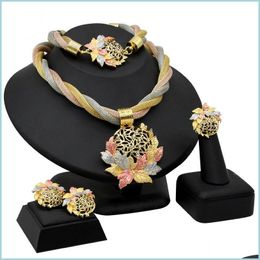 Bracelet Earrings Necklace African Dubai Gold Colour Leaves Crystal Necklace Earrings Ring Bracelet Jewellery Sets For Women Dhgarden Dh2Kp