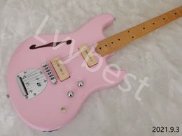 Customised Electric Guitar Maple Neck And Fingerboard Dot Inlay Pink Colour Body With Single Sound F Hole P90 Soapshape Pickups