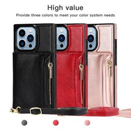 Shockproof Phone Cases for iPhone 13 12 11 Pro Max X XS XR 7 8 Plus Pure Colour PU Leather Dual Buckle Kickstand Protective Case with Zipper Coin Purse and Card Slots