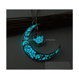 Pendant Necklaces Moon Owl Glowing Pendant Necklace Cute Gem Charm Jewellery Sier Plated Women Fashion Luminous Gifts Drop Delivery Ne Dhlga