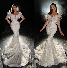 Feathers Pearls Mermaid Wedding Dresses Lace Sheer Neck Jewel Bridal Gown Custom Made Illusion Luxury Wedding Gowns