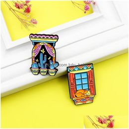 Pins Brooches Cartoon Windowsill Under Night Sky Brooches For Women Cactus Lazy Cat Paint Enamel Badges Fashion Alloy Pin Denim Shi Dh8We