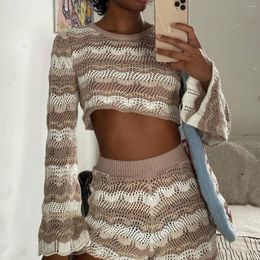 Women's T Shirts Gaono Beach Holiday Bohemian Knitted Two Piece Set Ouftits Long Sleeve Hollow Out Crop Top Pullovers Slim Fit Short