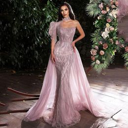 Fancy Pink Prom Dresses High Neck One Shoulder Party Dresses Crystals Lace Tassels with Overskirts Custom Made Evening Dress