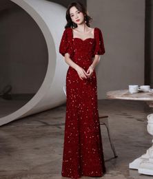 Casual Dresses Elegant Sexy Square Collar Puff Sleeve Sequins Mermaid Gowns Oriental Party Banquet Female Stage Show Dresses Cheongsam 221126