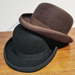 Berets Black / Brown Hat Wool Theatre Quality Bowler Vintage Costumes Roll Brim Knight Big Head Equestrian