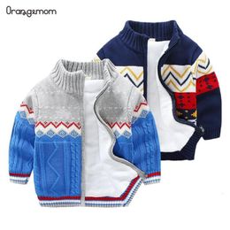 Cardigan Brand Children Sweater Winter Spring Kids Knitted Sweaters For Boys Thick Baby Jacket Velvet Lined Grey And Blue Coat 221128